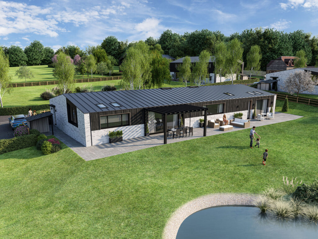 CGI render of a young family playing next to barn style development in the countryside