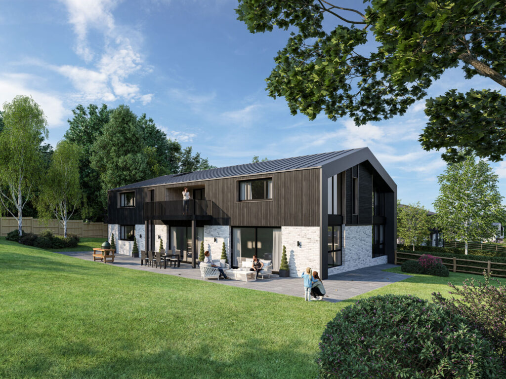 CGI render of barn style development in the countryside